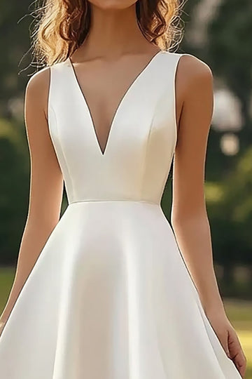 Simple Satin White A Line Midi Graduation Dress